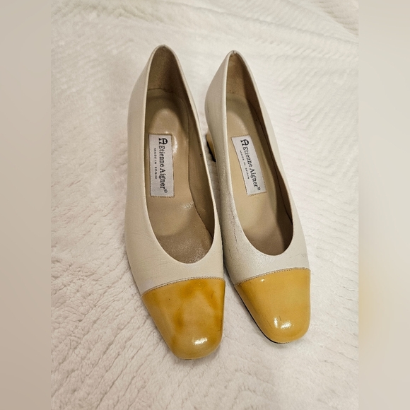 Vintage Etienne Aigner Leather Cap Toe Pump Shoes Heel  Yellow,Cream Size 7 - Picture 3 of 12
